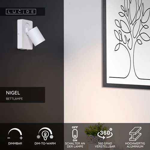 Lucide NIGEL - Bettlampe / Wandleuchte - LED Dim to warm - GU10 - 1x5W 2200K/3000K - Mit USB-Ladepunkt - Weiß - USP